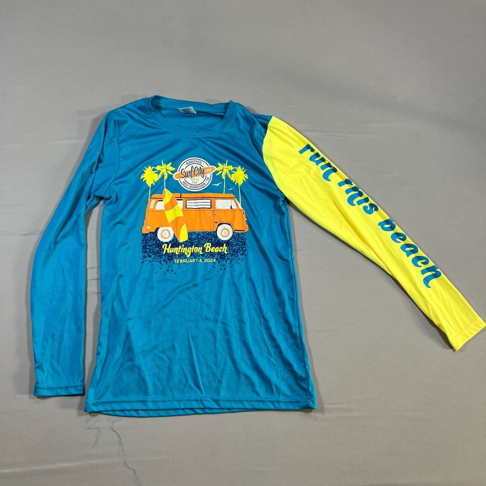 Always Advancing Surf City Marathon Performance Shirt Womens Small Blue Graphic